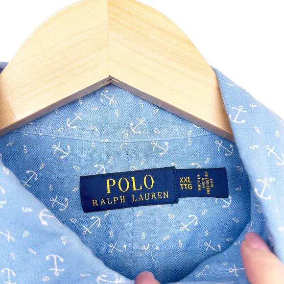 Polo Ralph Lauren Blue Linen Anchor Print Long Sleeve Button Down Sz XXL - Picture 3 of 5